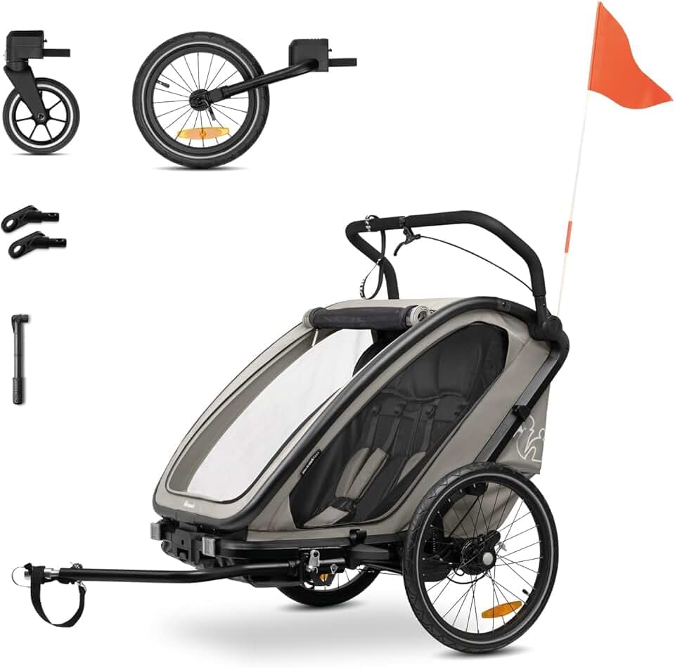 hauck Bike N Walk Duo, Light Grey - 3in1 Rimorchio Bici Bambini 2 Posti 6 Mesi a 22 kg / 120 cm - Set Completo con Accessori - Ruota Passeggino, Freno a Mano, Sospensioni, Schienali Reclinabili