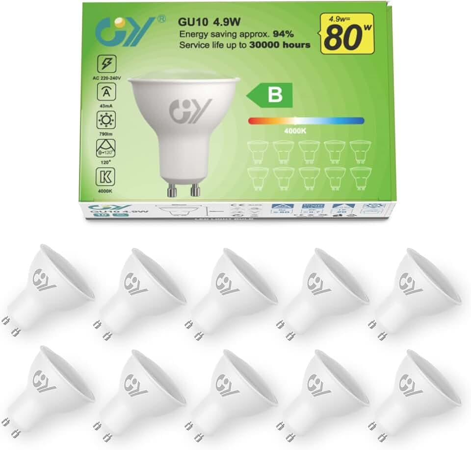 GY Lampadine GU10 LED, 4.9W (equivalenti a 80W), 790 Lumen, 4000K Bianco Neutro, Risparmio Energetico LED GU10, Lunga Durata, Basso Consumo, 120° Angolo del Fascio,Non Dimmerabile, 10 pezzi Global Recycled Standard Etichetta Energetica