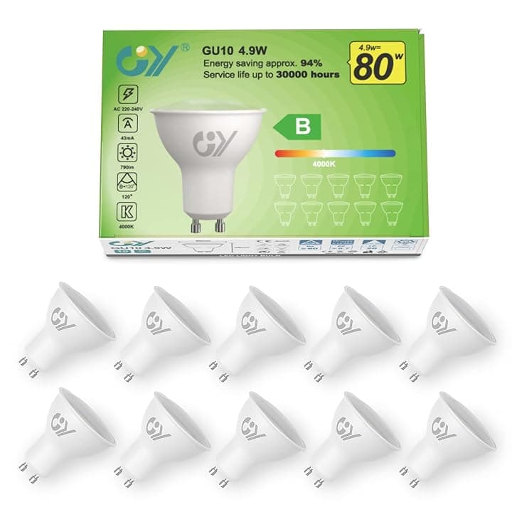 GY Lampadine GU10 LED, 4.9W (equivalenti a 80W), 790 Lumen, 4000K Bianco Neutro, Risparmio Energetico LED GU10, Lunga Durata, Basso Consumo, 120° Angolo del Fascio,Non Dimmerabile, 10 pezzi Global Recycled Standard