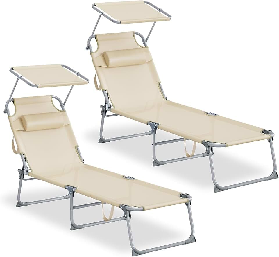 SONGMICS Set da 2 Sedie a Sdraio Pieghevoli, 189 x 53 x 28,5 cm, con Cusicni, Lettini Prendisole, Portata 110 kg Ciascuno, Parasole e Schienale Regolabili, per Terrazza e Balcone, Beige GCB292WZ02
