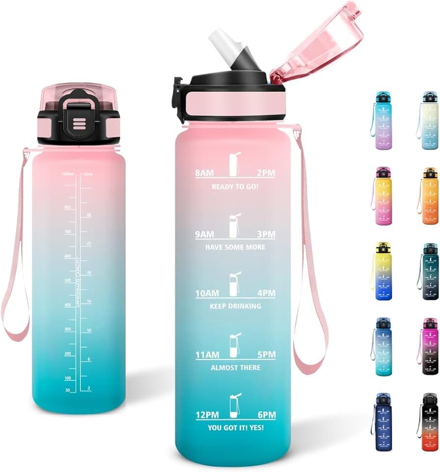 Borraccia Motivazionale 1L, Borraccia con Cannuccia, a Prova di Perdite, Bottiglia Acqua con Indicatore del Tempo, per Ufficio, Scuola, Yoga