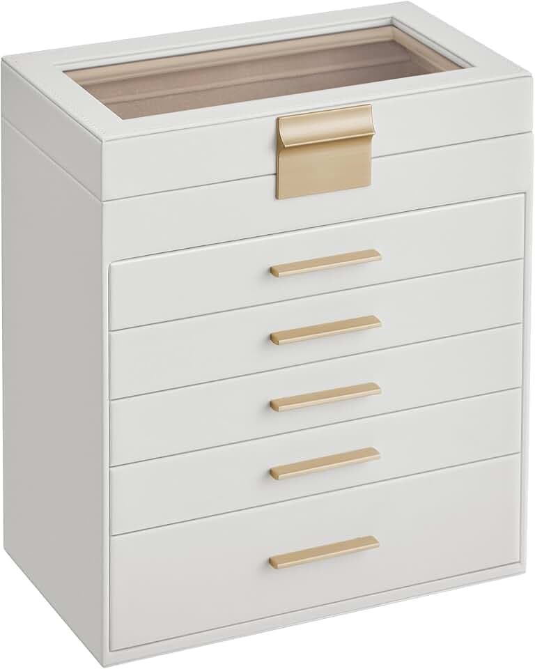 SONGMICS SONGMICS Scatola Portagioie, 6 Livelli, Coperchio in Vetro, 5 Cassetti, Porta Gioielli, Occhiali da Sole e Accessori Grandi, Moderno, Bianco Nuvola e Dorato JBC171W01