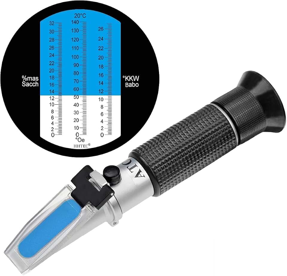 HHTEC Rifrattometro per viticoltori 0-32 Brix, 0-140 °Oechsle, 0-27 KMW con ATC, per Vino, Mosto, Birra e Frutta, misuratore del Contenuto di Zucchero, rifrattometro Professionale