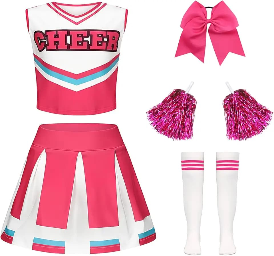 Luckyou Vestito Cheerleader Bambina Cheerleader Costume Bambina Carnevale Cheerleading Outfit per Ragazza con Pompon e Calzini per Evento Sportivo Carnevale