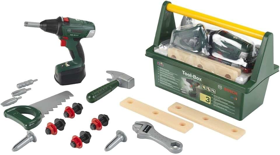 Theo Klein 8520 Cassetta degli Attrezzi Bosch, con Martello, Sega e Molto Altro, incl. Avvitatore a batterie con Luce e Suono, Giocattolo per Bambini a Partire dai 3 Anni di età