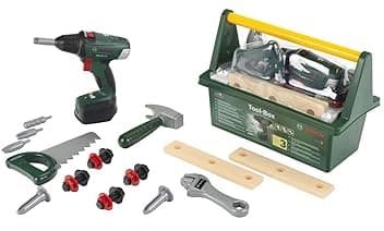 Theo Klein 8520 Cassetta degli Attrezzi Bosch, con Martello, Sega e Molto Altro, incl. Avvitatore a batterie con Luce e Suono, Giocattolo per Bambini a Partire dai 3 Anni di età