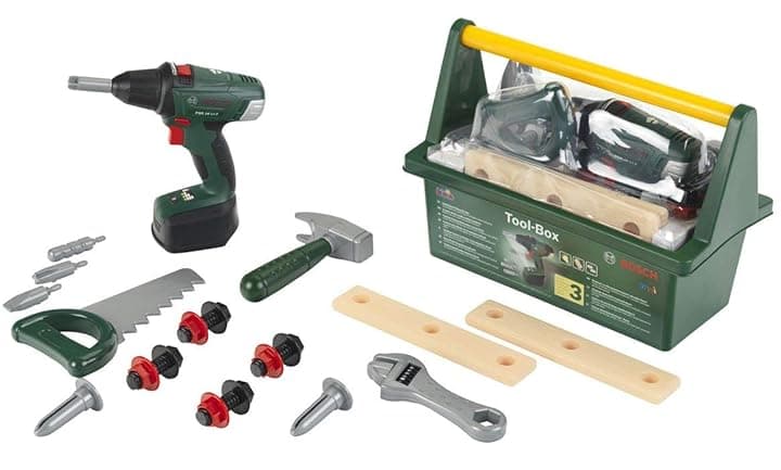 Theo Klein 8520 Cassetta degli Attrezzi Bosch, con Martello, Sega e Molto Altro, incl. Avvitatore a batterie con Luce e Suono, Giocattolo per Bambini a Partire dai 3 Anni di età