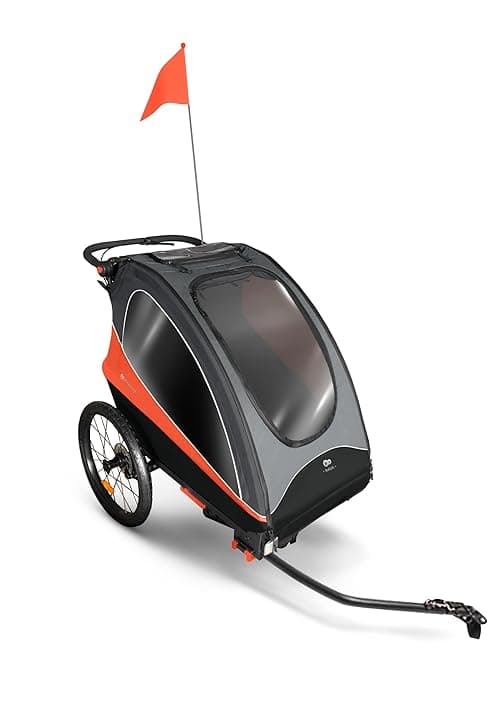 Kinderkraft NAVA 3 in 1, Rimorchio per bambini, Passeggino, Jogger, Carrozzina, Rimorchio per bicicletta, per uno o due bambini, 2x22 kg, Parapioggia, Protezione dagli insetti, Arancione
