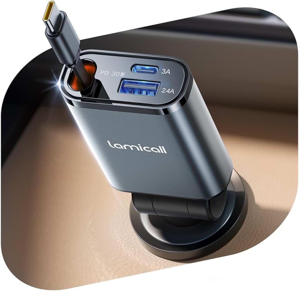 Lamicall 3-IN-1 Caricatore Auto USB C - [Super Compatto] 50W Carica Rapida, Accendisigari Auto con 75CM Cavo Retrattile Type-C & Porta USB-C/A, 180° Pieghevole Spina 12/24V, per iPhone/Samsung/Android Global Recycled Standard