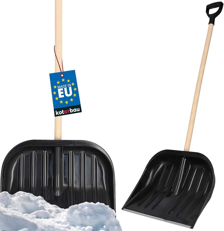 KOTARBAU® Pala da Neve 48 cm con Manico in Legno Pala in Plastica Rinforzata con Raccordi in Metallo con Manico Ergonomico Nero 128 cm