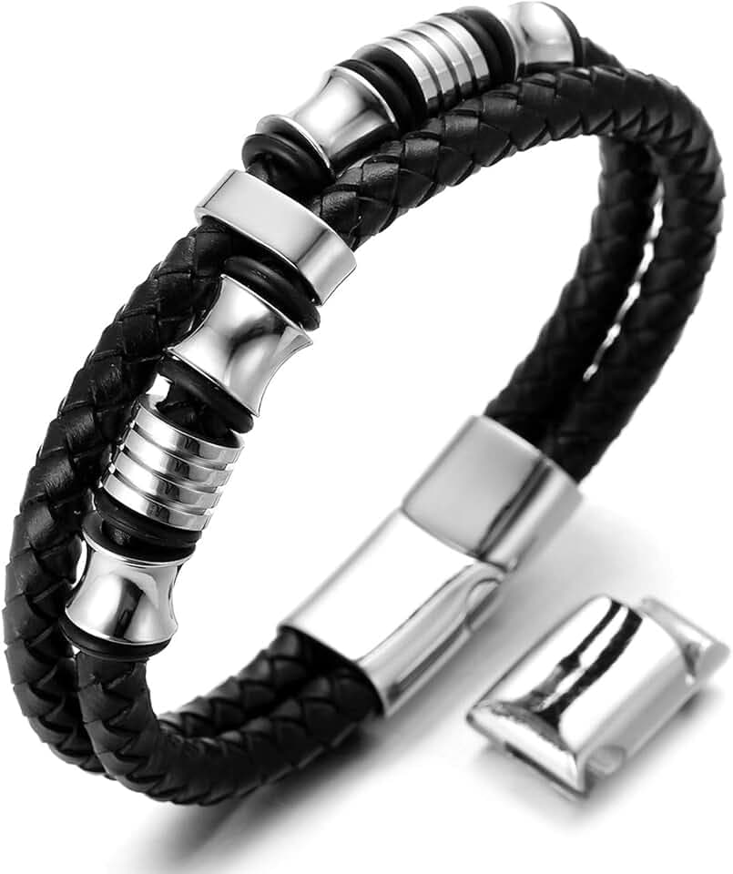 HALUKAKAH Bambini ● Assolo Junior ● Bracciale Ragazzo Maschio in Vera Pelle Cuoio Nero 6-12 Anni Perle in Argento/Oro Titanio Acciaio Chiusura Magnetica 7-8"(18-19.5cm) con Pacco Regalo Gratuita