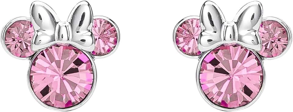 Disney Minnie, orecchini a perno placcati in argento con cristallo rosa, per ragazze e donne, taglia unica, placcati in argento, senza pietra preziosa