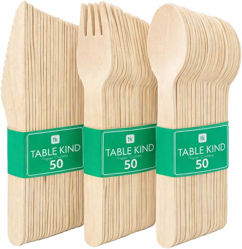 Table Kind 150 x Set di posate in legno biodegradabili, coltelli, forchette, cucchiai, compleanno, Natale, campeggio, picnic o barbecue, catering, utensili 17 cm