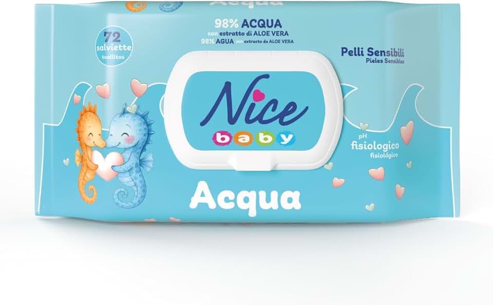 Nice Baby Acqua Salviette per Cambio Pannolino, con il 98% di Acqua ed Estratto di Aloe, Dermatologicamente Testate, Confezione da 72 Salviette