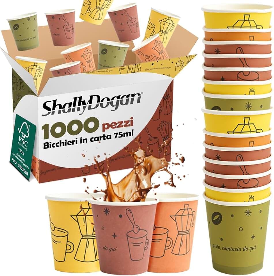 BAKAJI 1000 Bicchierini da Caffè Monouso Capacità 75 ml, Tazzina in Carta Usa e Getta per Hotel, B&B, Casa, Ideali per Feste ed Eventi, Tazze Resistenti Biodegradabili e Ecosostenibi (Moka)
