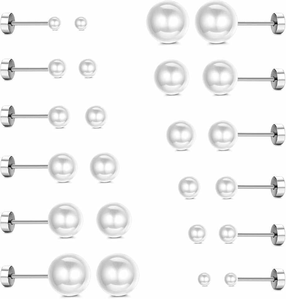 Diamday Dimaday 12 Paia Orecchini Perle Bottone Finte Sfera Donne Ragazze Rotonda Ipoallergenici Taglie Miste 4-12 mm