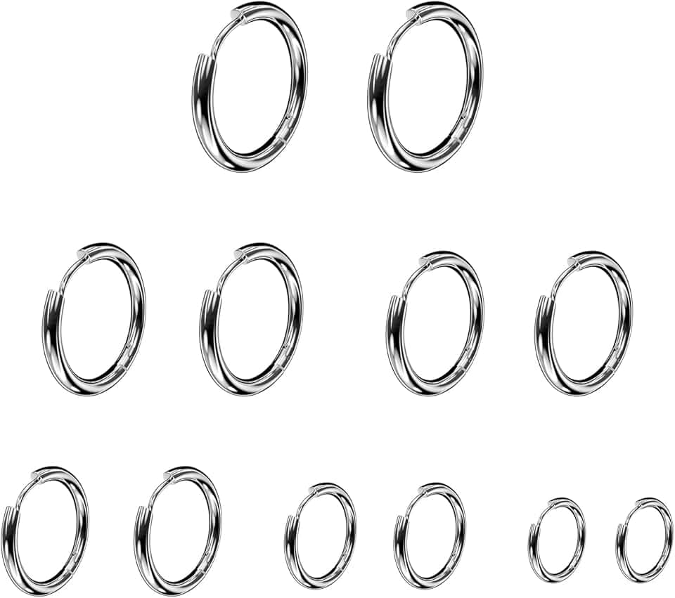 Bomtop 6 Paia Orecchini Acciaio Inossidabile di Orecchini Cerchio Piccoli per Uomini e Donne Ipoallergenici Set di Orecchini 8-18 mm (argento)