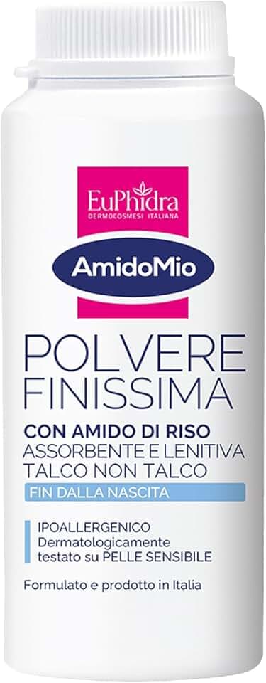 Euphidra - AmidoMio, Polvere Finissima, 40% Amido di Riso, Azione Lenitiva e Rinfrescante, Mantiene la Pelle Asciutta e Protetta, Senza Talco, 100 g