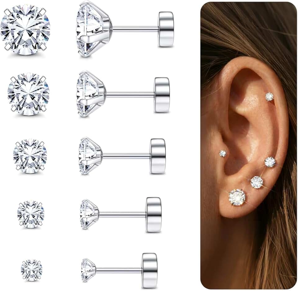 Diamday Set di Orecchini a vite con Retro 20G G23 Titanio Acciaio chirurgico Cubic Zirconia Cartilagine Piercing per donna Uomo CZ Tragus Helix Orecchini con parte posteriore piatta