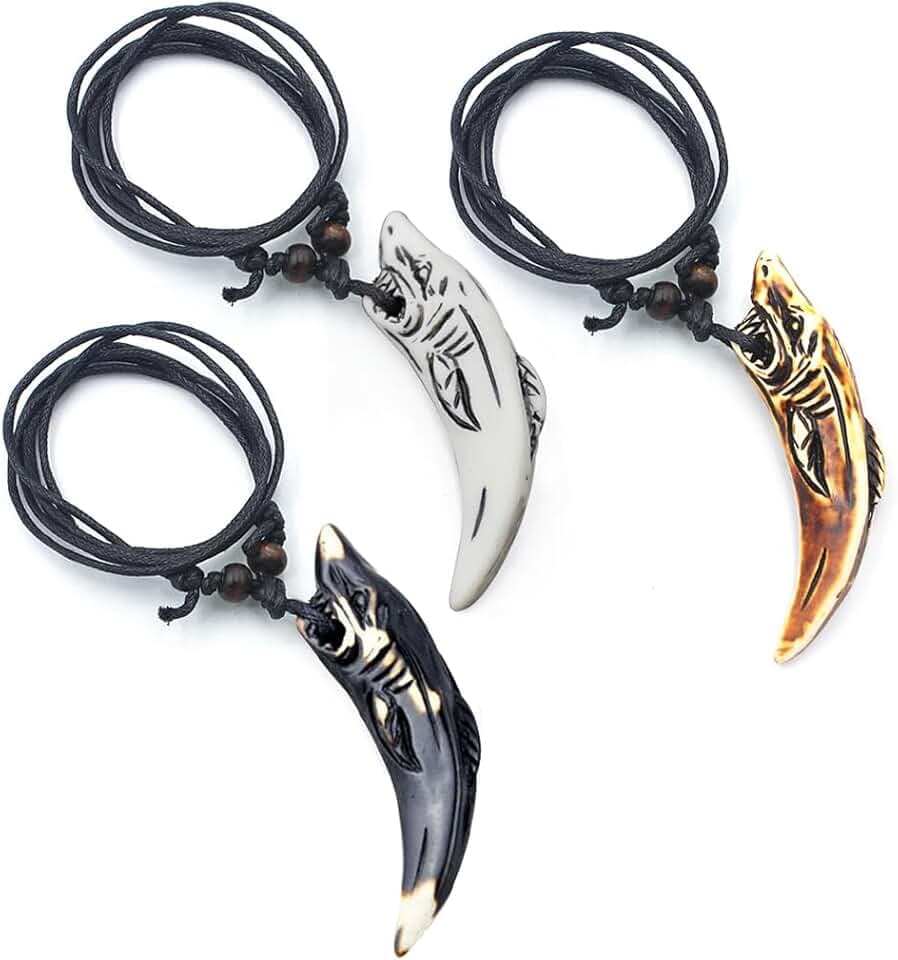 YUVKIN 3 Collane con Pendente a Forma di Dente di Squalo per Ragazze, Ragazzi, Donne e Uomini, Stile Surfista (bianco, nero e marrone)