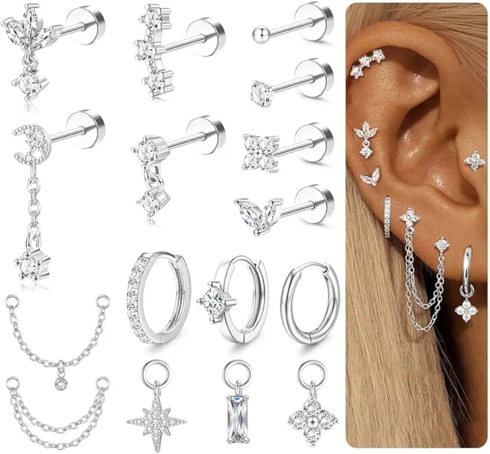 Milacolato 16Pcs Piercing Orecchio Acciaio Chirurgico Helix Piercing Orecchio Anallergici Donna Oro Argento Piccoli Cerchio Conch Cartilagine Trago Piercings Gioielli 20G