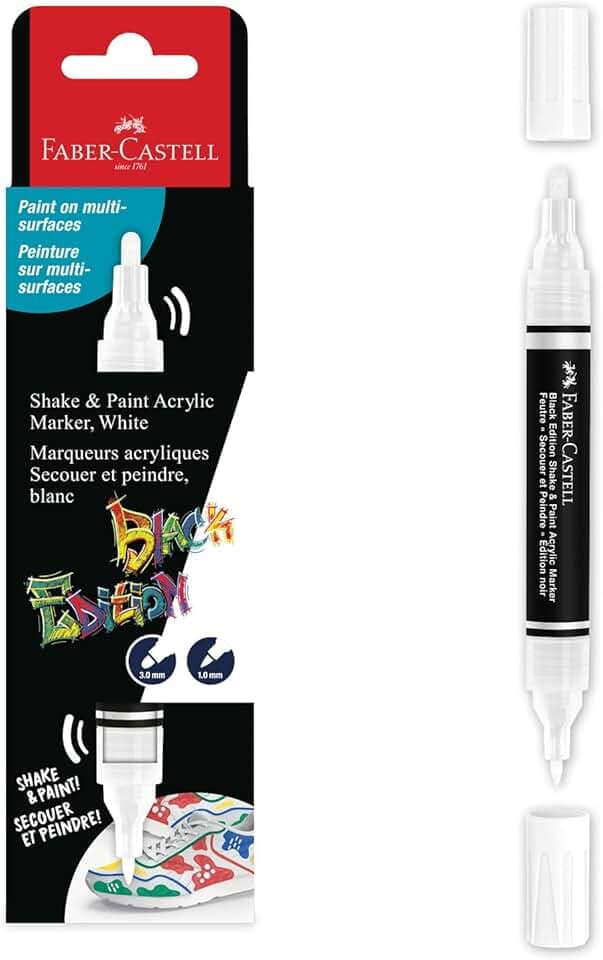 Faber-Castell 285511 Black Edition Shake & Paint Pennarello Acrilico, Pennarello White Moon, Doppia Punta 3Mm E 1Mm, Impermeabile, Colore Vivido E Duraturo