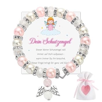 KAHZOR KAHZOR 1 Pezzo Braccialetto Angelo Custode, Elastico con Perline, Portafortuna, in Argento, Regolabile, per Comunione, Bracciale Bambina, con Angeli, Regalo per Ragazze