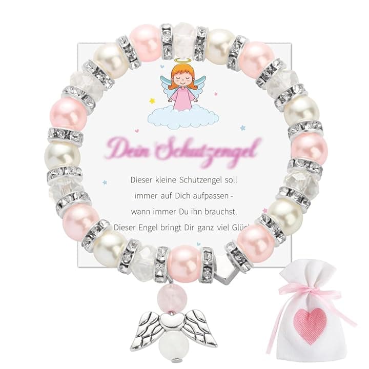 KAHZOR KAHZOR 1 Pezzo Braccialetto Angelo Custode, Elastico con Perline, Portafortuna, in Argento, Regolabile, per Comunione, Bracciale Bambina, con Angeli, Regalo per Ragazze