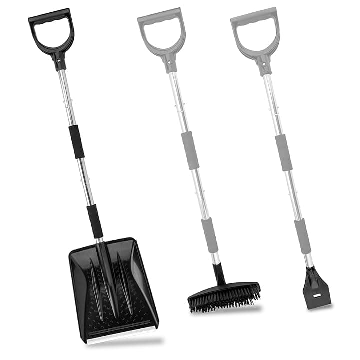 LESOLEIL Pala da neve per vialetto auto, kit 3 in 1 pala da neve portatile con raschietto per ghiaccio e spazzola da neve, rimozione del ghiaccio da neve, per giardino, campeggio, auto e emergenza