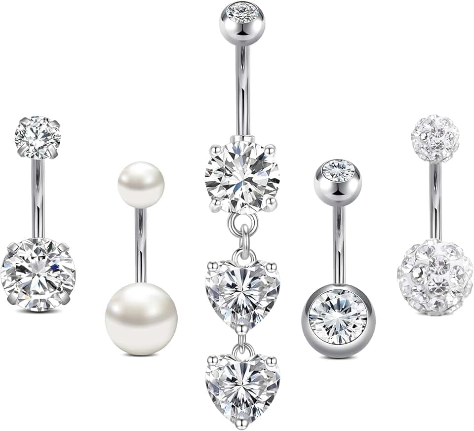 AceFun 14G piercing ombelico 10mm piercing ombelico Argento Oro acciaio inox piercing ombelico acciaio chirurgico 5 pezzi argento cuore piercing ombelico pendente oro donne anelli corpo piercing