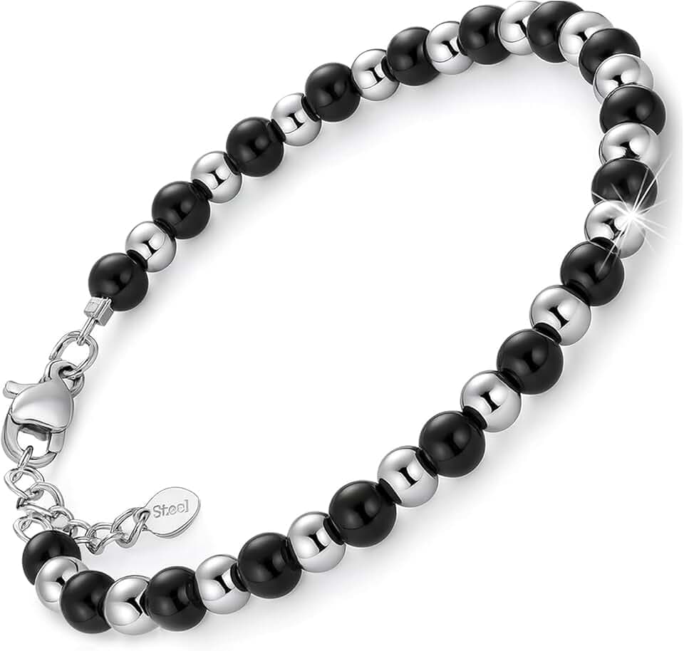 SAGA GIOIELLI Bracciale Uomo Donna Lunghezza 18 + 3 cm Acciaio Unisex Confezione Regalo Sfere 4 MM