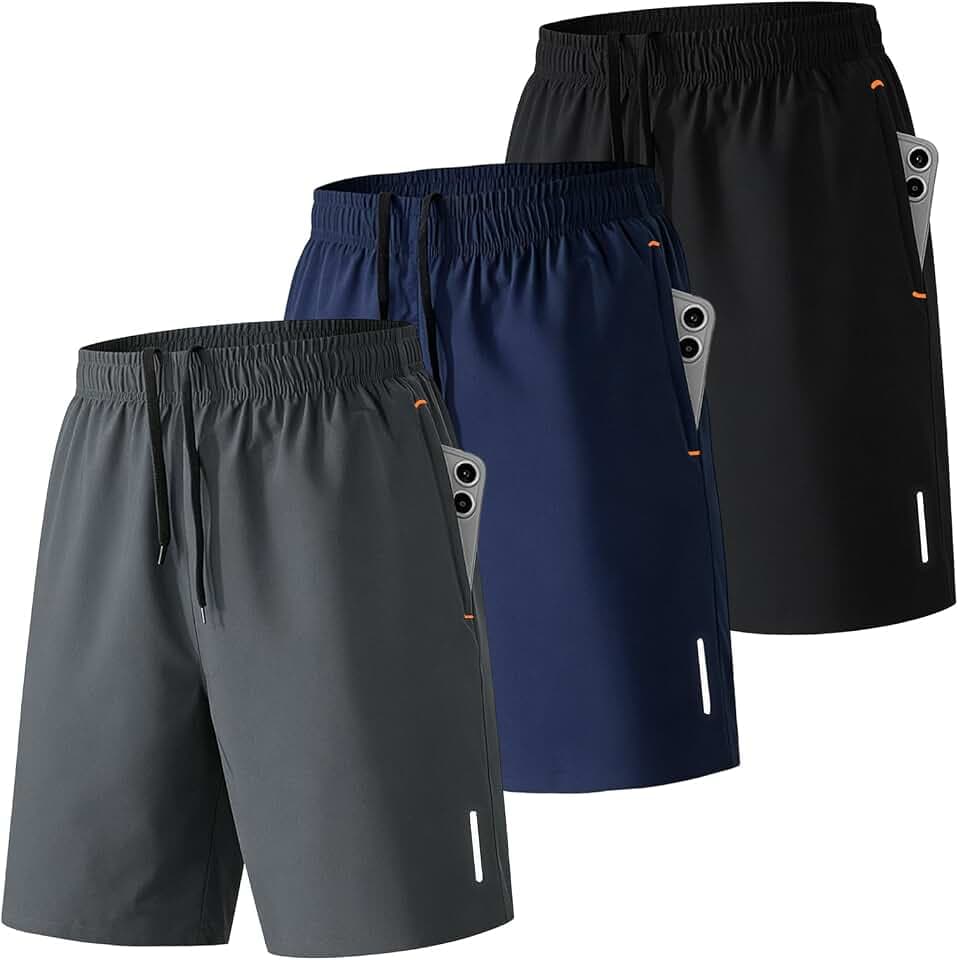 SHAGGA Confezione da 3 pantaloncini da palestra da uomo, leggeri, ad asciugatura rapida, sportivi, con cucitura interna 7 con tasche con cerniera per corsa, fitness e jogging