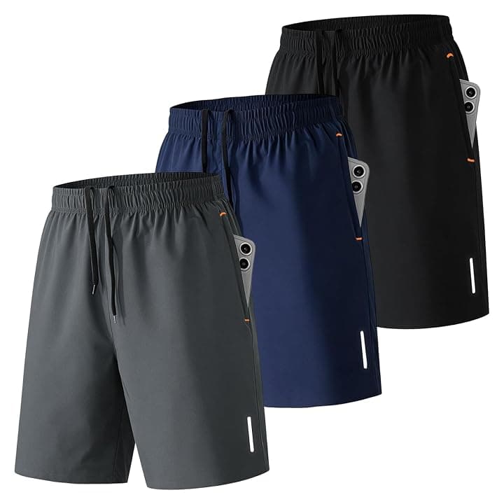 SHAGGA Confezione da 3 pantaloncini da palestra da uomo, leggeri, ad asciugatura rapida, sportivi, con cucitura interna 7 con tasche con cerniera per corsa, fitness e jogging