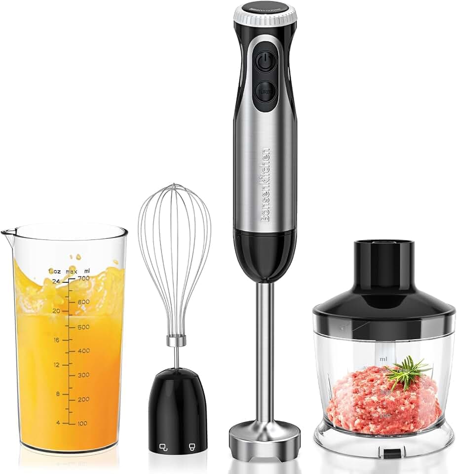 Bonsenkitchen Frullatore a Immersione 4-in-1, Piede in Acciaio Inox, 1000W