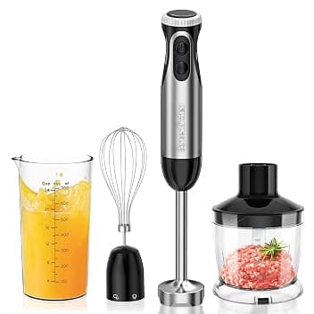 Bonsenkitchen Frullatore a Immersione 4-in-1, Piede in Acciaio Inox, 1000W
