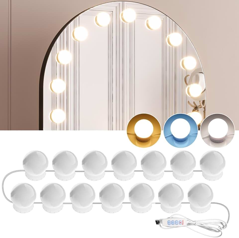 Luci da Specchio di Vanità 14 Lampadine per Trucco Dimmerabili 3000K/4000K/9000K Temperatura Colore Regolabile, Alimentazione Tramite USB, Adesive