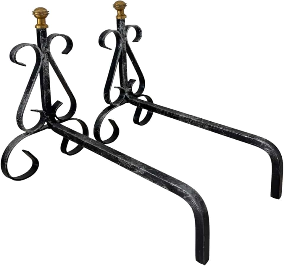 Alari in Ferro Battuto per Camino con Pomelli in Ottone, 30x26h cm, Design Decorativo