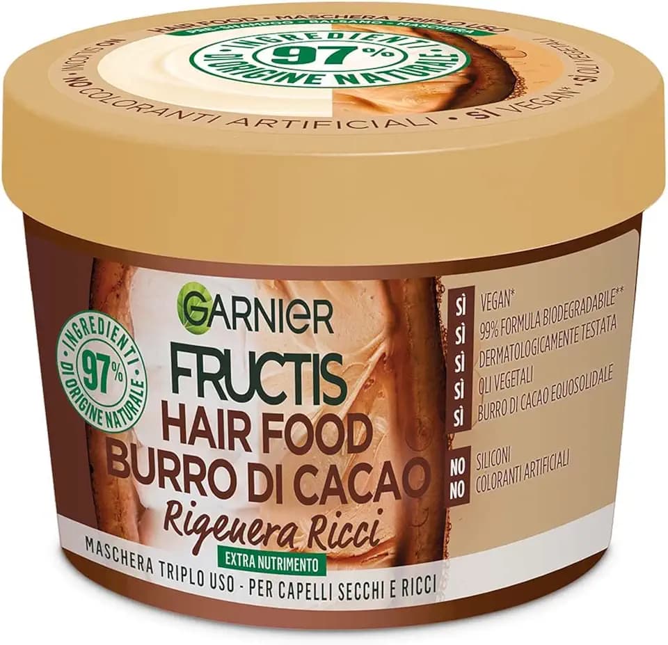 Garnier Fructis Hair Food Burro di Cacao Rigenerante, Maschera per Capelli Secchi e Ricci, 97% di Ingredienti di Origine Naturale, Senza Siliconi, 390 ml