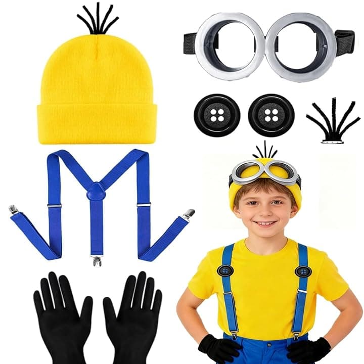 Humairc Costume Giallo Kit Occhiali Costume Carnevale/Halloween/Cosplay/Danza/Festa Carnevale Halloween Accessori Donna Uomo - Occhiali Cappello Giallo Guanti Neri Calzini Bretelle