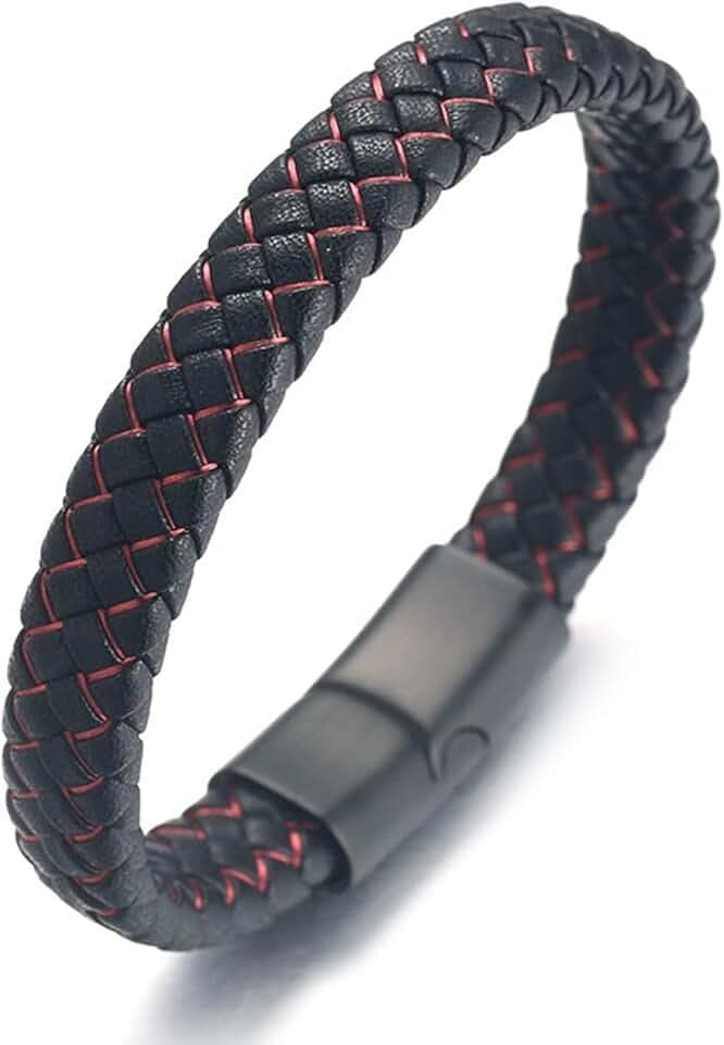 HALUKAKAH ● Jazz Junior ● Ragazzi Vera Pelle Treccia Fatta a Mano Nero mix Blu/Rosso/Verde Bracciale 6-12 Anni. Titanio Smerigliata Chiusura Magnetica Taglia Regolabile 18-19.5cm con Pacco Regalo