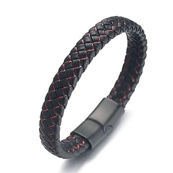 HALUKAKAH ● Jazz Junior ● Ragazzi Vera Pelle Treccia Fatta a Mano Nero mix Blu/Rosso/Verde Bracciale 6-12 Anni. Titanio Smerigliata Chiusura Magnetica Taglia Regolabile 18-19.5cm con Pacco Regalo