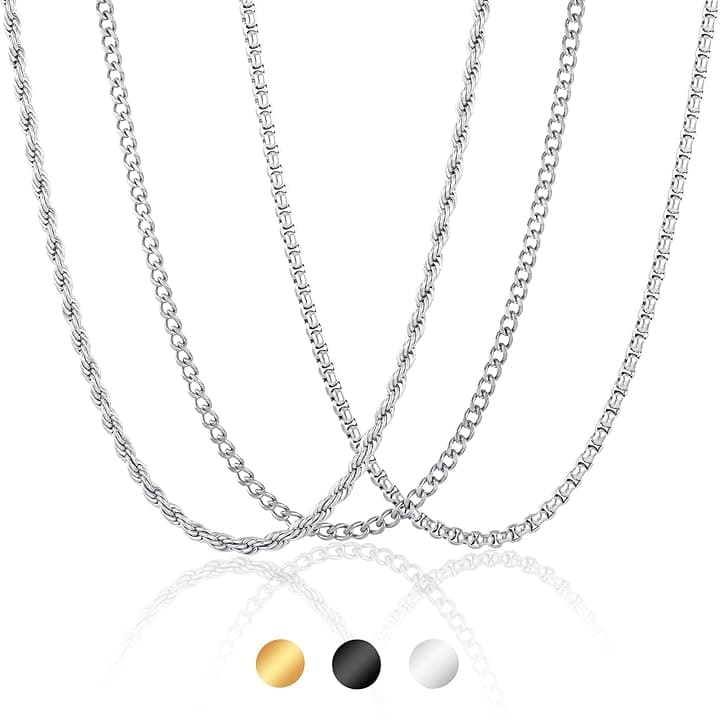 Esmoly 3 Pezzi Collana Uomo Catenina Necklace for Men Oro Argento Nero Acciaio Inossidabile Cuban Chain 45cm/50cm/55cm/60cm Regalo Uomo Ragazzo 2mm/3mm/4mm/5mm/6mm