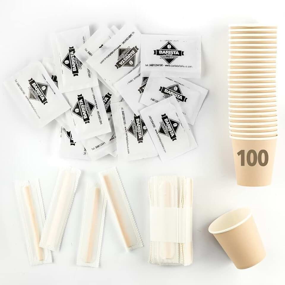 Barista Italiano - Kit Completo Accessori Caffè ☕ 100 Bustine Zucchero + 100 Bicchierini in Carta + 100 Palette in Legno ☕ Kit Ecologico e Riciclabile