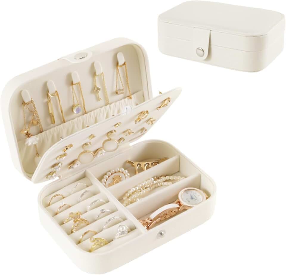 Kzouenzu Kzouenzu Scatole Portagioie, Piccolo Portagioie Da Viaggio Per Donne Ragazze, Per Anelli Orecchini Collane Bracciali [Bianco]