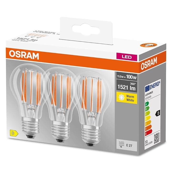 OSRAM Led Base Classic A100, Lampade Led A Filamento Chiaro In Vetro Per Base E27, Forma Di Lampadina, Bianco Caldo 2700K, ‎6 X 6 X 10.5 Cm