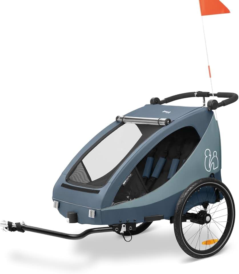 hauck Rimorchio Bici Bambini e Passeggino Dryk Duo Plus - 2 Posti (6-48 Mesi), Carrello Bicicletta Rimorchio con Timone, Ruota, Bandiera e Luce - Pieghevole, Vano XL - Blu scuro