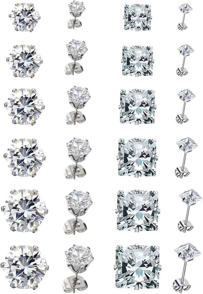 JEYORZY 12 Paia Orecchini Uomo Diamante, Orecchini Acciaio Chirurgico per Donna Uomo, Zirconi Cubici, Orecchini A Bottone Anallergico Cartilagine