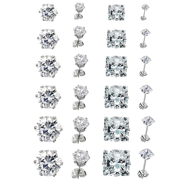 JEYORZY JEYORZY 12 Paia Orecchini Uomo Diamante, Orecchini Acciaio Chirurgico per Donna Uomo, Zirconi Cubici, Orecchini A Bottone Anallergico Cartilagine