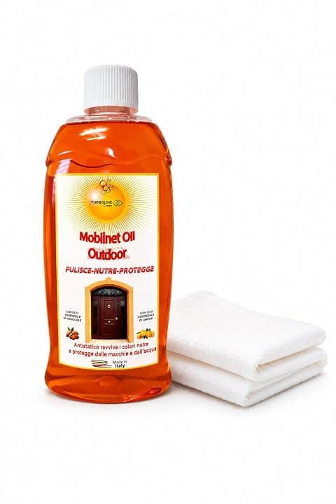 Olio Protettivo per Legno da Esterni. Resiste a Pioggia e Raggi UV. Protegge da Umidità e Sporco. Ravviva il Colore del Legno. Non Unge. Profumo di Limone. 500 ml con Panno Incluso