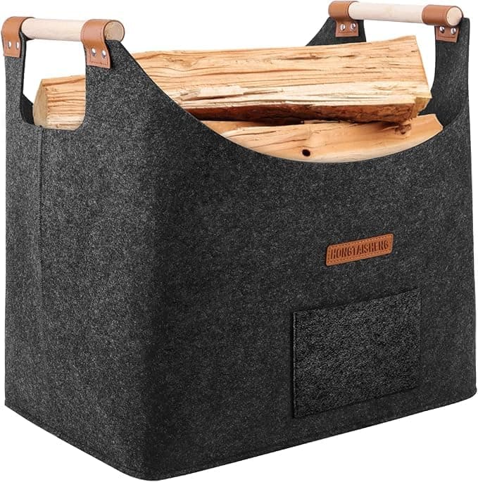 XL Legna da ardere cesto in feltro extra spesso e manico rinforzato | cesta per legna da interno | Cesto pieghevole in legno borsa in feltro come cesto per la spesa, giornali (grigio ardesia)